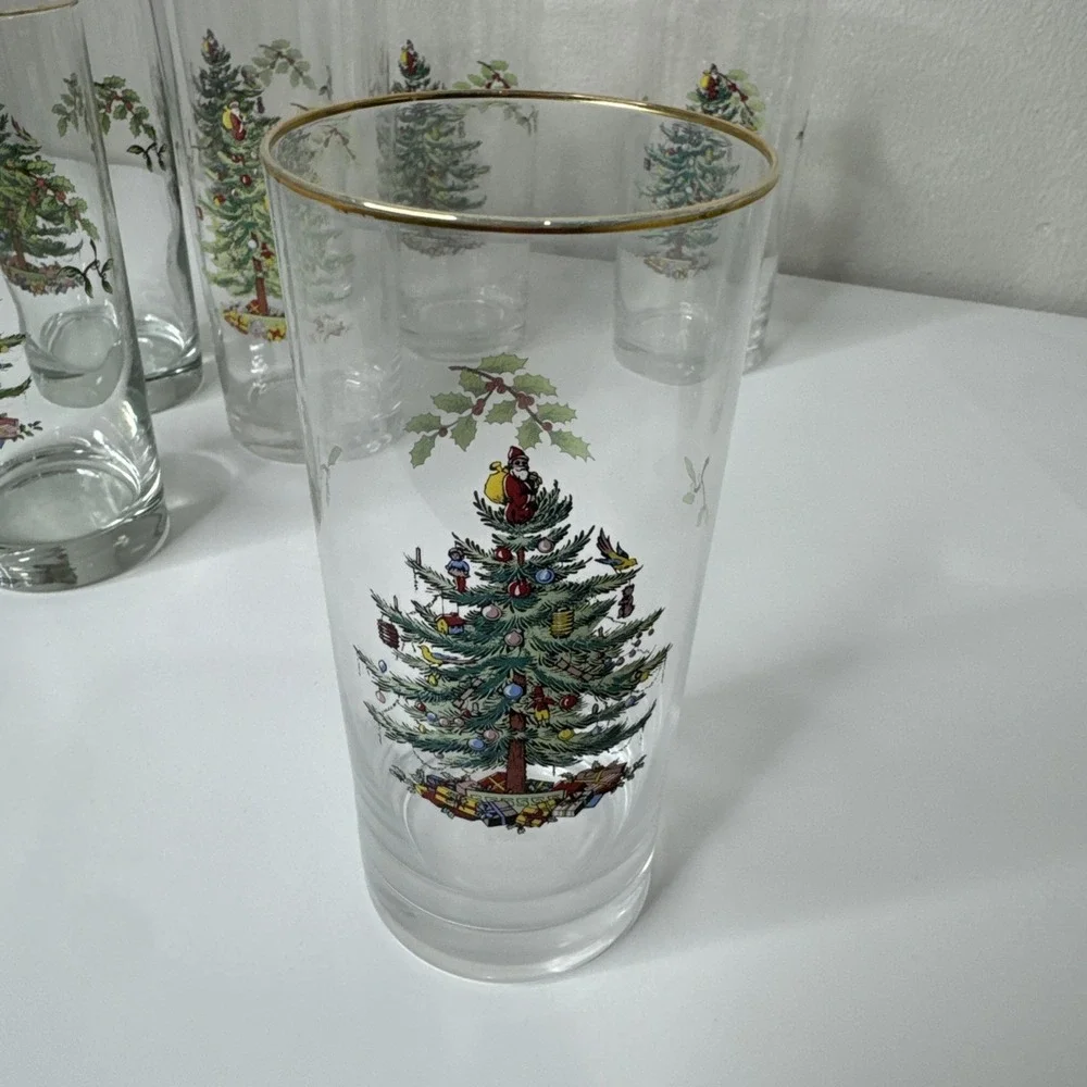 Set of 7 Spode Highball Glasses‎ Tumblers Christmas Tree w/ Gold Rim 6.25